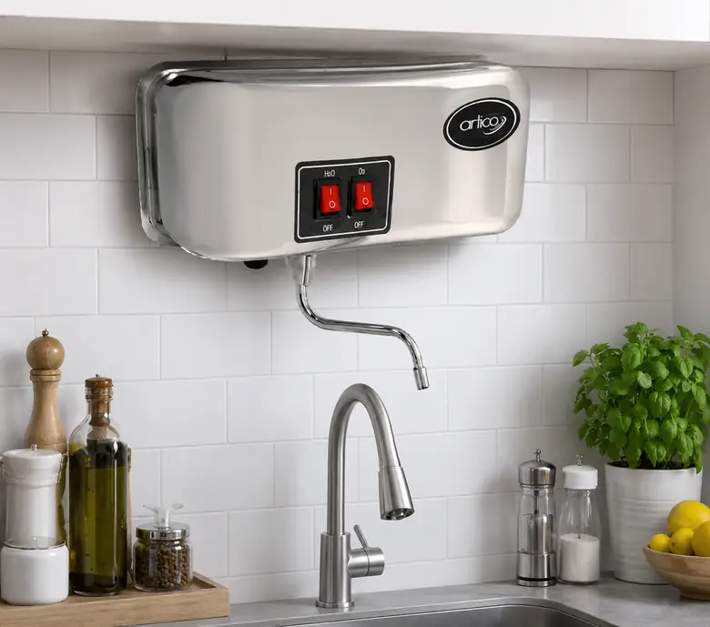 Purificador y filtro de agua Viosan en acero inoxidable instalado sobre el lavatrastos
